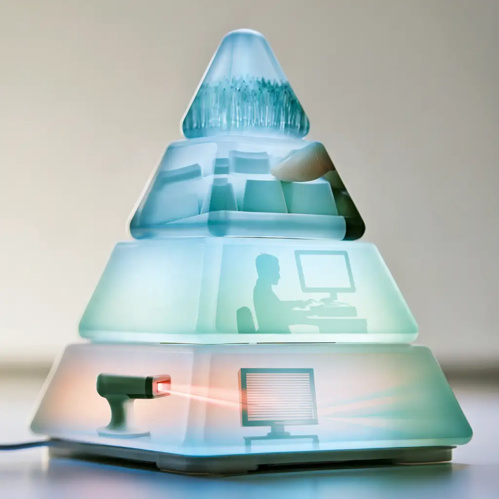 Piramide tridimensionale suddivisa in quattro blocchi. Ogni blocco ha un’immagine che rappresenta una fase diversa della metodologia WCAG-EM; dal basso verso l’alto rispettivamente vengono rappresentati: uno scanner che rileva errori di una pagina, una persona davanti al pc, i tasti di una tastiera che vengono premuti, un gruppo di persone